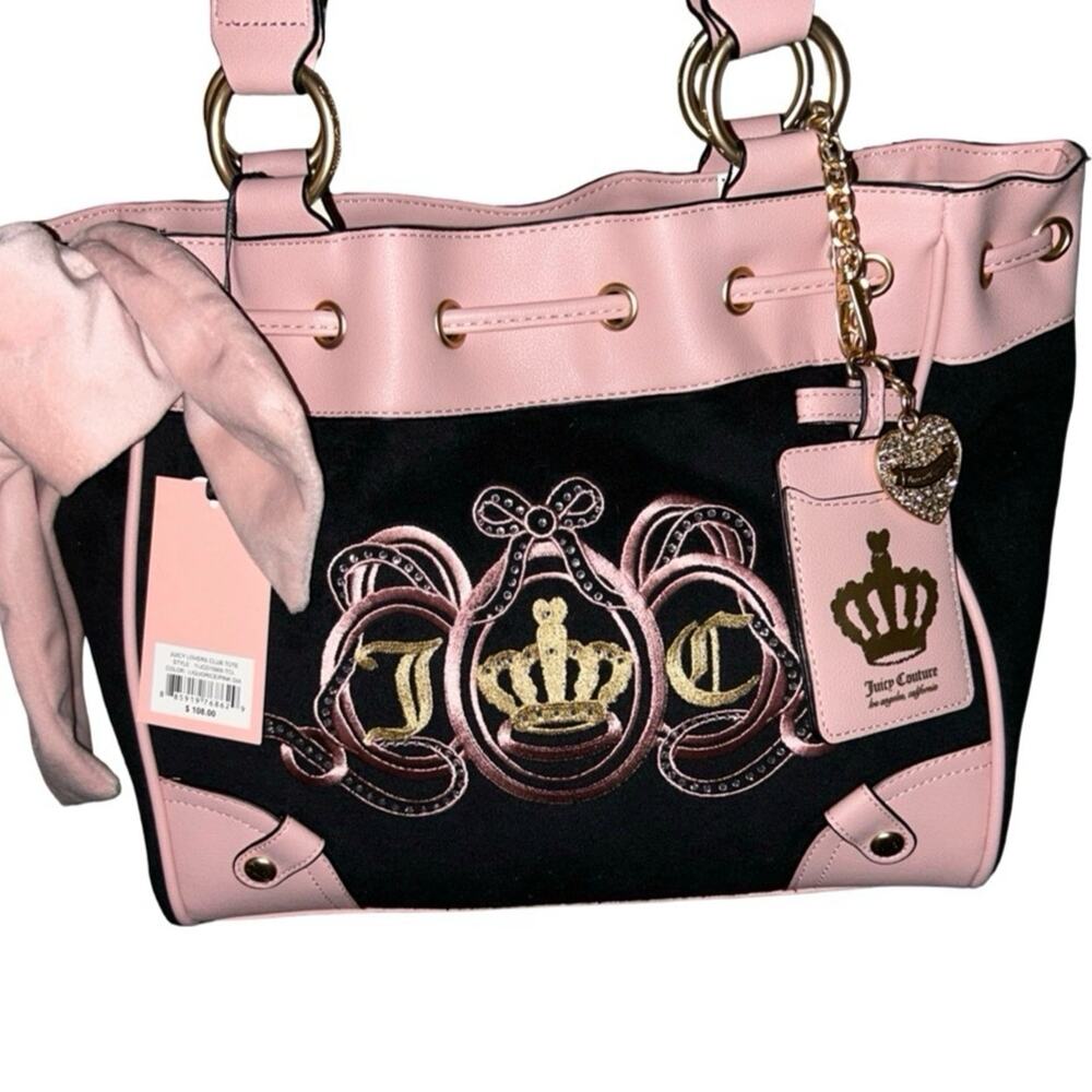 JUICY COUTURE EXCLUSIVE JUICY LOVERS CLUB BLING CROWN TOTE BLACK VELOUR & PINK